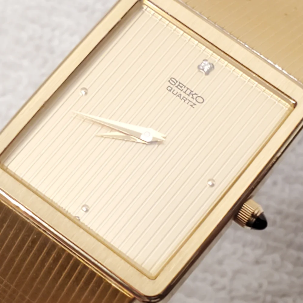 Vintage Seiko Men's 1 Diamond Dial Gold Plated Tank Quartz Watch 5 Jewels SS
